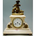 A late 19th century alabaster and gilt metal mounted mantel clock having enamelled dial with arabic