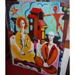 Reputedly Chelsea School - Seated figures, large modernist oil on board,