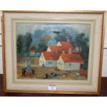 Nancy Graham - The Farm in Schleswig, oil on board, with Clarges Gallery label verso,