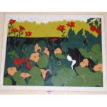 Lorna Massie (Contemporary American) - Cat in Garden, limited edition 119/150 print,