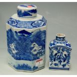 A Chinese export stoneware blue and white jar and cover of octagonal form, decorated with a mountain