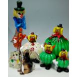 A large Murano glass figure of a clown, together with other clowns and various other glass animal