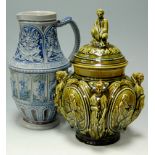 A Sarreguemines majolica green glazed jar and cover,