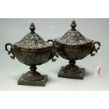 A pair of late 19th century French bronze twin handled vases and covers of classical form