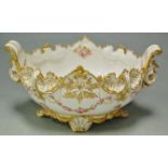 A Royal Crown Derby boat-shaped vase with floral decoration heightened in gilt,