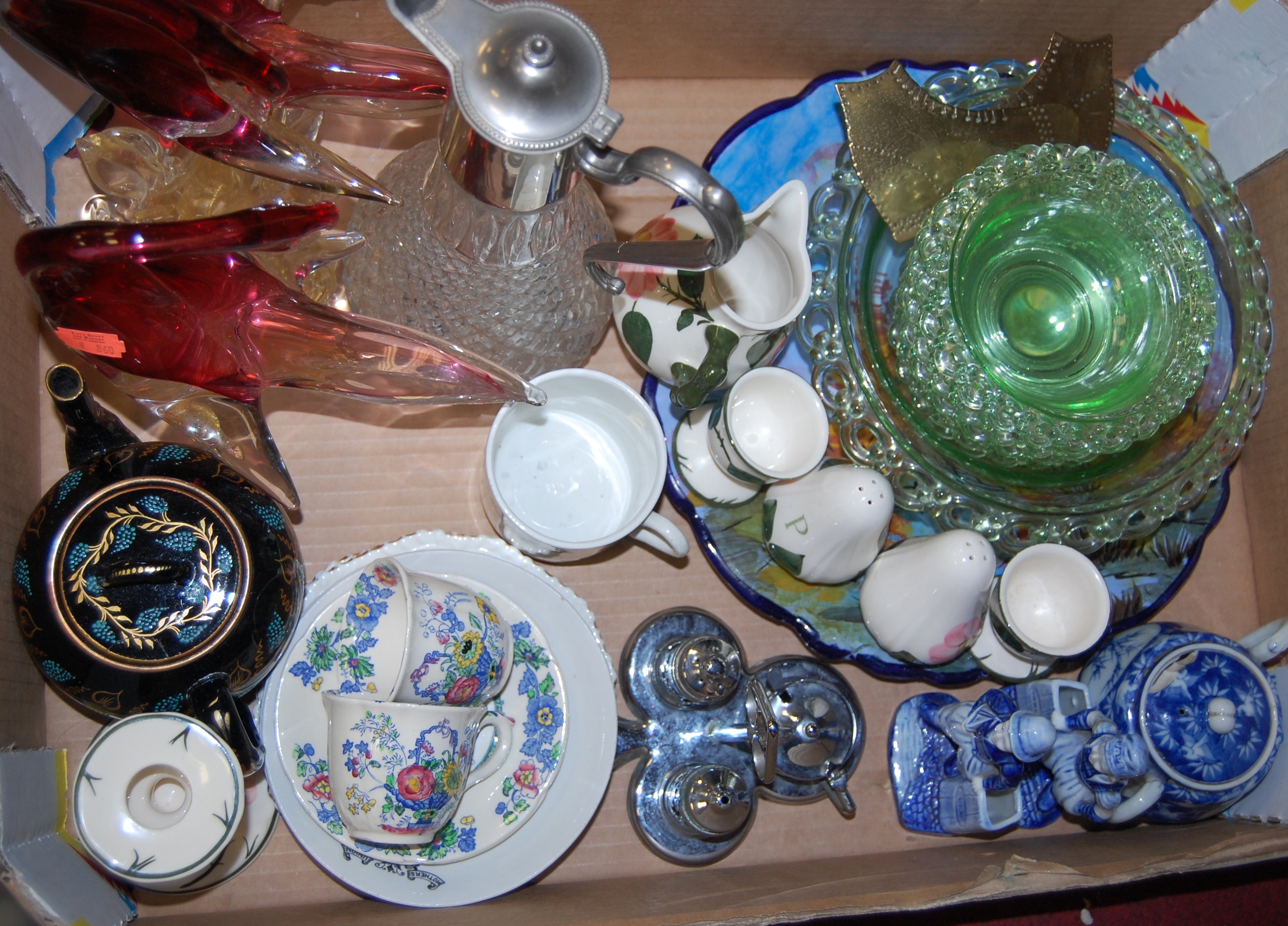 Mixed lot of china and glass to include; Masons Strathmore pattern teacups and saucers,