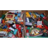 Two boxes of assorted loose and playworn diecast toy vehicles to include;