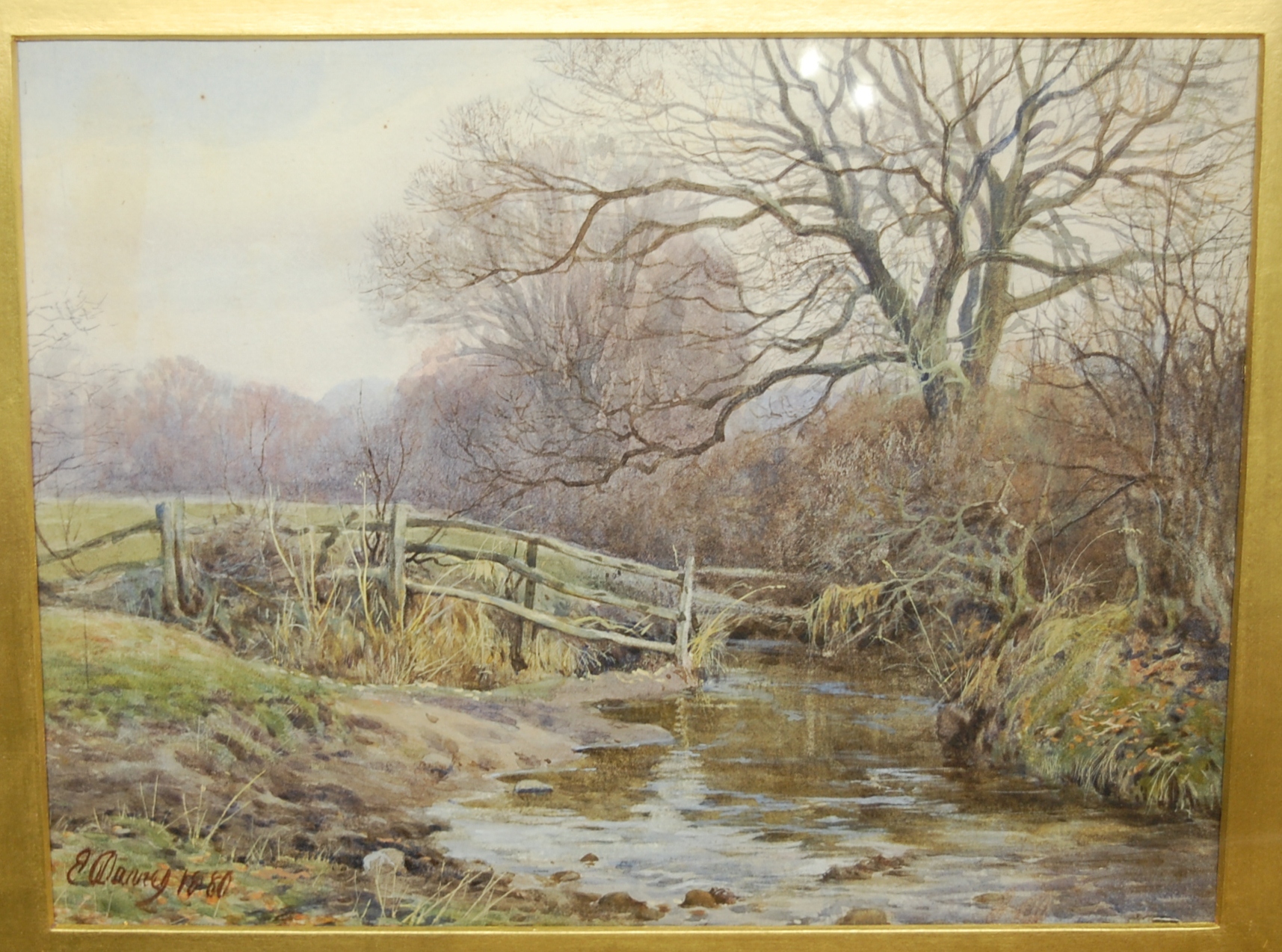 E Danny - A country stream, watercolour, signed and dated lower left 1880,