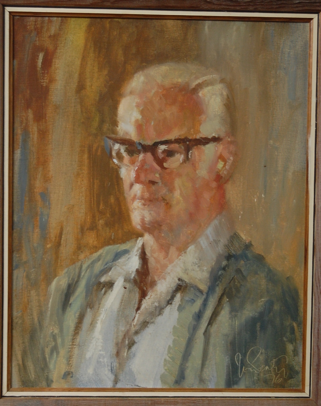 Late 20th century school - Head and shoulders portrait of a gentleman wearing glasses, oil on board,