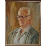 Late 20th century school - Head and shoulders portrait of a gentleman wearing glasses, oil on board,