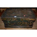 A late 19th century painted pine and metal bound hinge top tool chest,