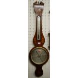 A 19th century mahogany conch shell inlaid and further satinwood strung two dial wheel barometer