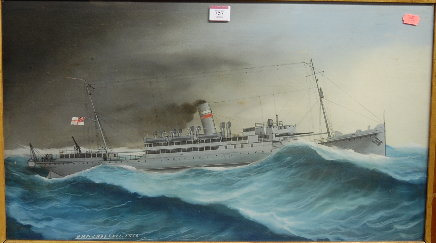 Early 20th century - HMS Snaefell in stormy seas, gouache, titled and dated lower left 1916,