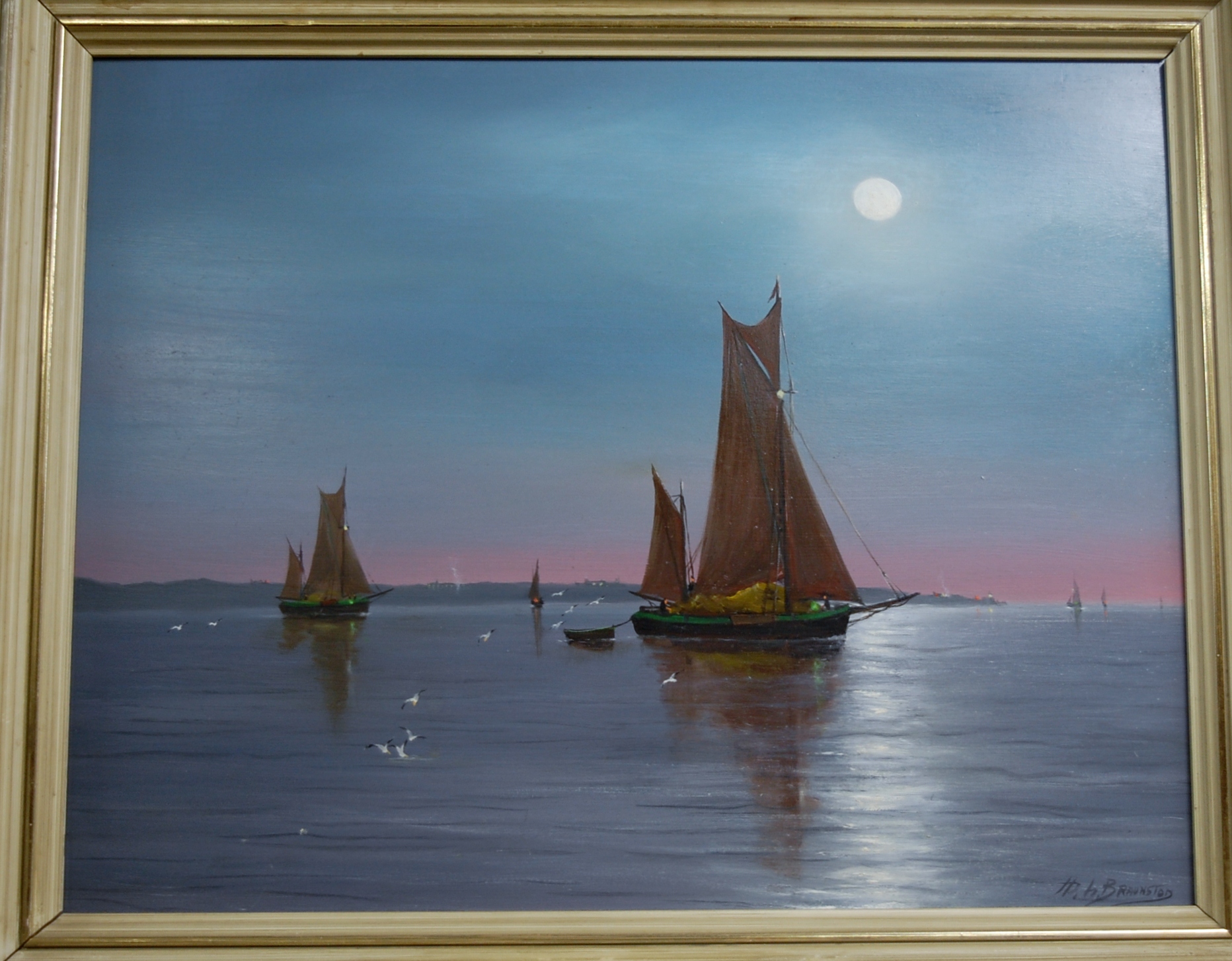 H Braunston - Sailing boats at the river mouth, oil on board, signed lower right,