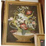 A framed and glazed silkwork study of flowers in a basket, early 20th century,