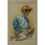 McMahon - Protrait of a jockey wearing blue silks, watercolour with body colour and pencil,