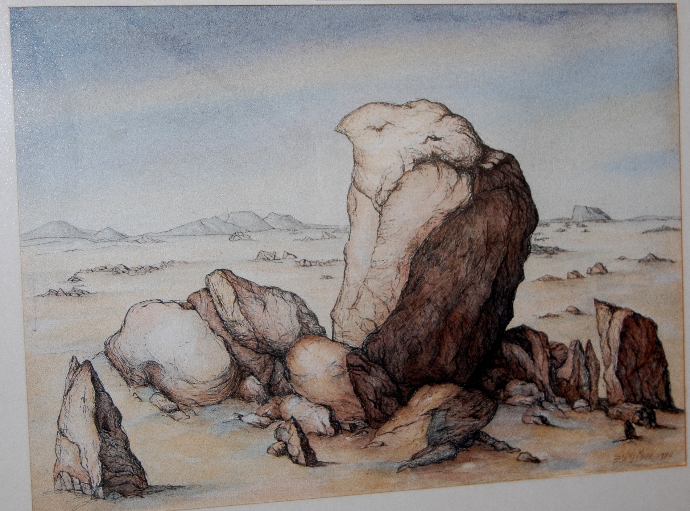 EW Meer - rock forms, ink study with watercolour, signed and dated lower right 1974, 24x34cm,
