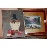 CFG - river landscape, oil, signed with monogram (a/f), and still life with apple,