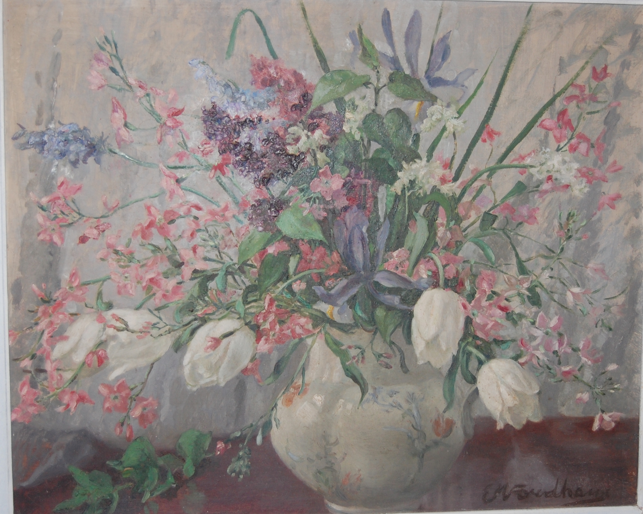 EM Fordhams - still life with flowers in a vase, oil on artists board, signed lower right,