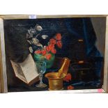 19th century school - still life oil on canvas with wine glass and pestle and mortar, 34x44.