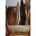 Box of assorted pictures and prints to include amateur oils and a gilt framed mirror