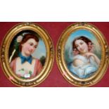 Circa 1900 school - pair of vere eglise portraits of young maidens, each framed as ovals,