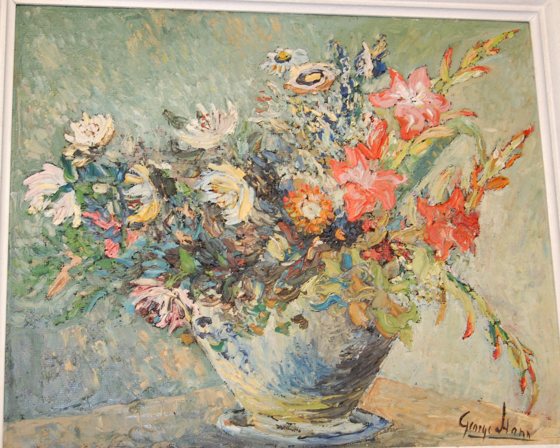 George Hann - still life with flowers in a vase, oil on artist board, signed lower right,