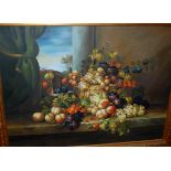 18th century Dutch style still life with fruit upon a stone ledge, reproduction oil on canvas,