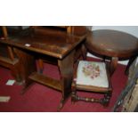 Assorted oak occasional furniture to include a tea trolley, low stool, low occasional table,