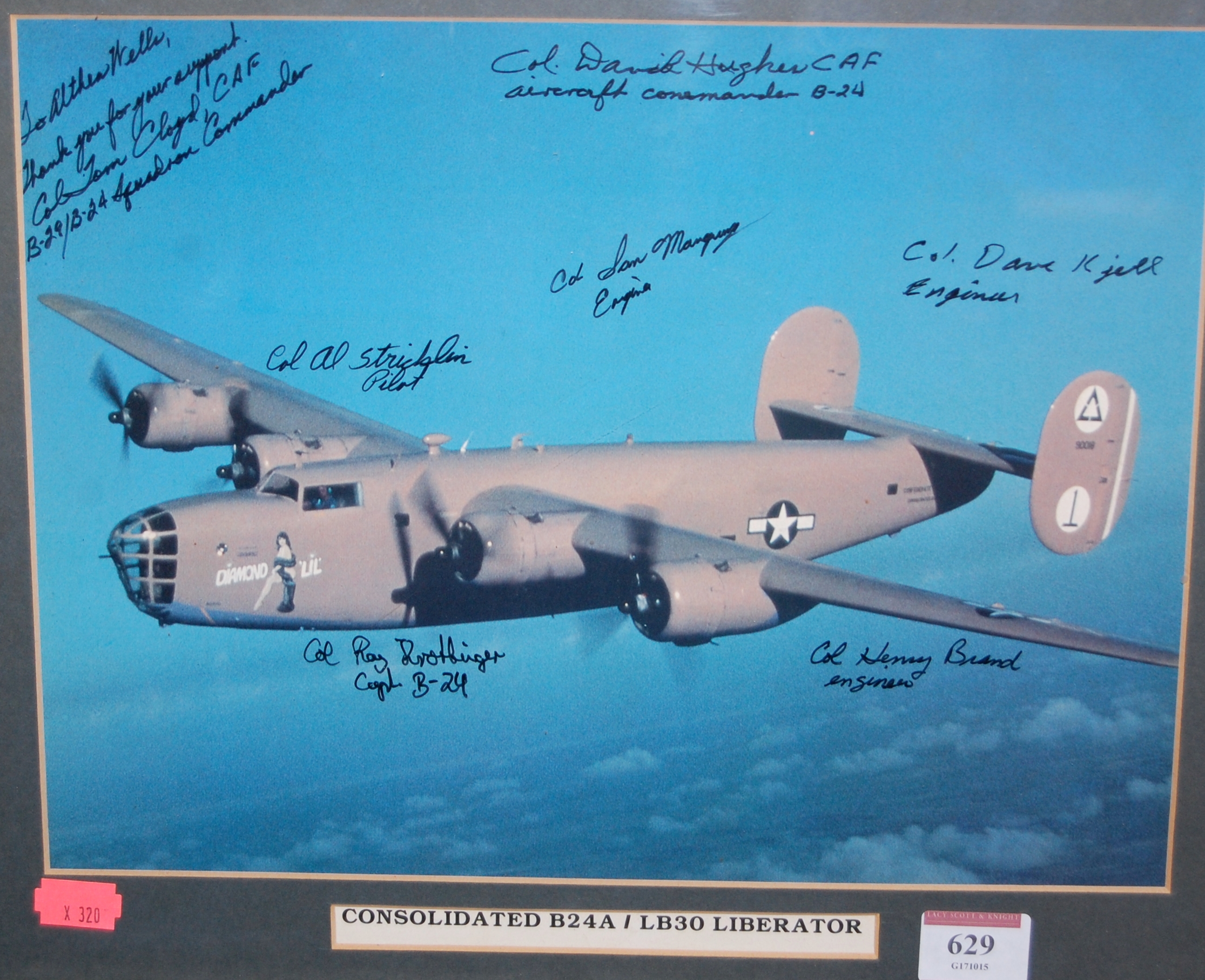 Three framed aircraft prints to include a consolidated B24A4/LB30 Liberator