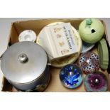 Mixed lot to include; Dresden porcelain candle holder, Wedgwood biscuit barrel,