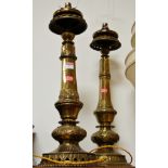 A pair of Eastern brass table lamps with silk shades