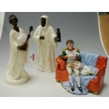 A continental porcelain group 'Father with Daughter', and two Minton porcelain figurines 'Geisha'