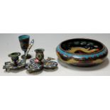 Assorted Japanese cloisonné enamel wares to include; bowl, two candle holders,