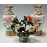 A pair of reproduction cloisonne enamel vases and a Chinese hardstone bonsai type tree (2)