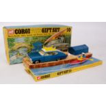 Corgi Toys Gift Set 10 Martin Rambler and Camping trailer, comprising of blue and white rambler,