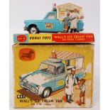 Corgi Toys, 447, Walls Ice Cream Van, blue and cream Ford Thames van, with salesman and boy figure,