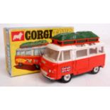 Corgi Toys, 508, Commer Minibus Holiday Camp Special, orange and white body with green luggage,