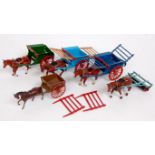 Britains, lead farm, 3x 4F tumbrel cart (one a/f, the other G); plus 9F horse roller,