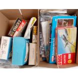 2 Boxes of mixed plastic aircraft kits, mixed scales to include Frog, Heller, Revell and others,