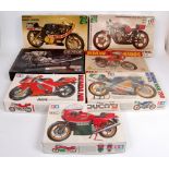 Motorcycle and Motorcycle Engine plastic kit group, 7 boxed examples by Protar, Tamiya and Hales,