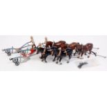Britains, 2x 6F two-horse ploughs, and one 142F single horse plough, all with traces,
