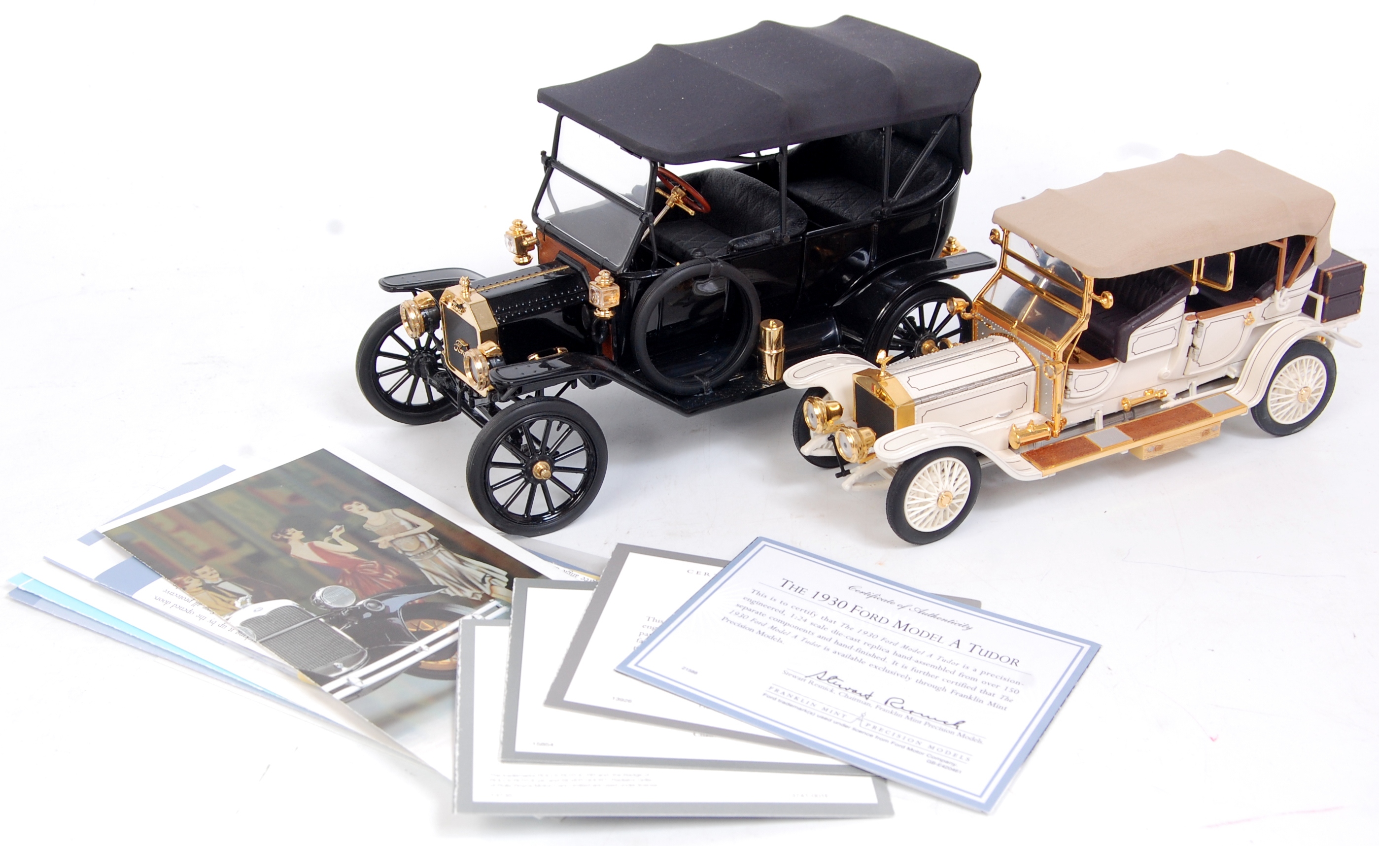 Franklin Mint 1/24th Scale Diecast Group, 5 Loose Models with Leaflets and related ephemera,