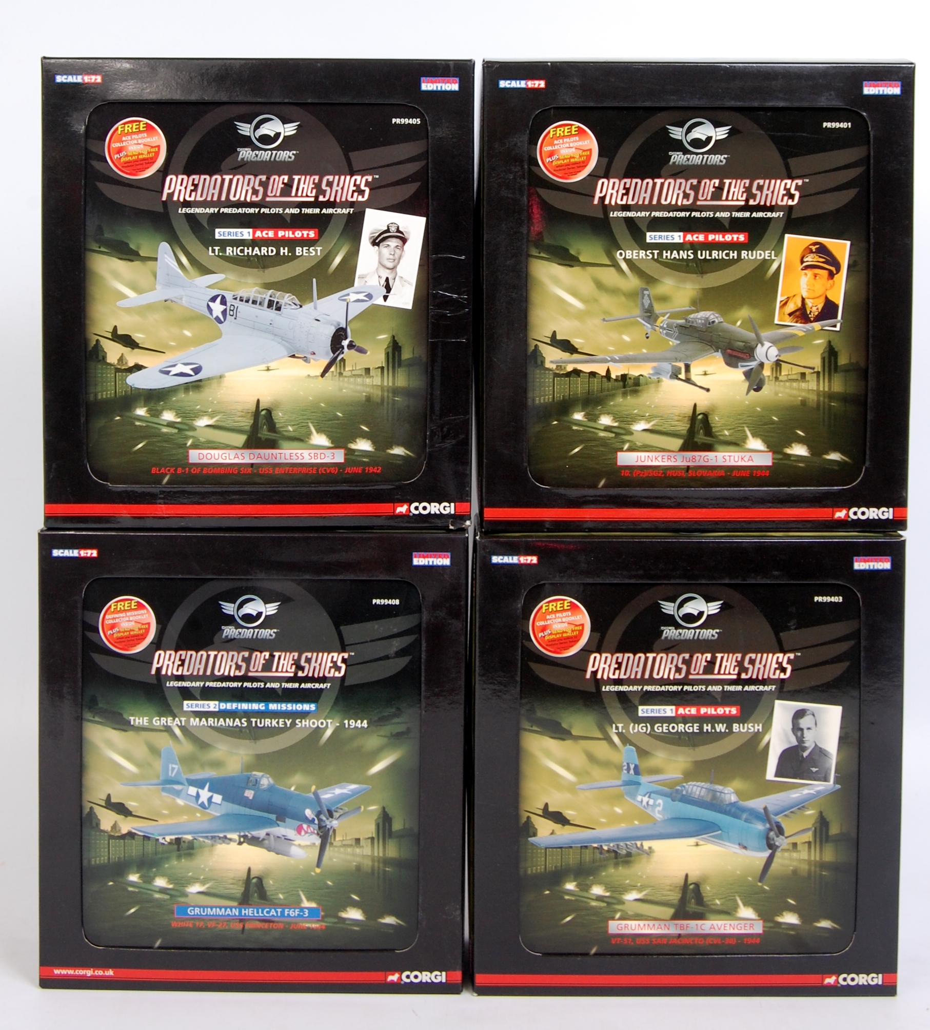 Corgi Predators of the Skies 1/72nd scale boxed aircraft group, 4 boxed as issued examples,