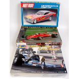 7 mixed scale Formula 1, Hot Rod, Dragster and other racing plastic kits,