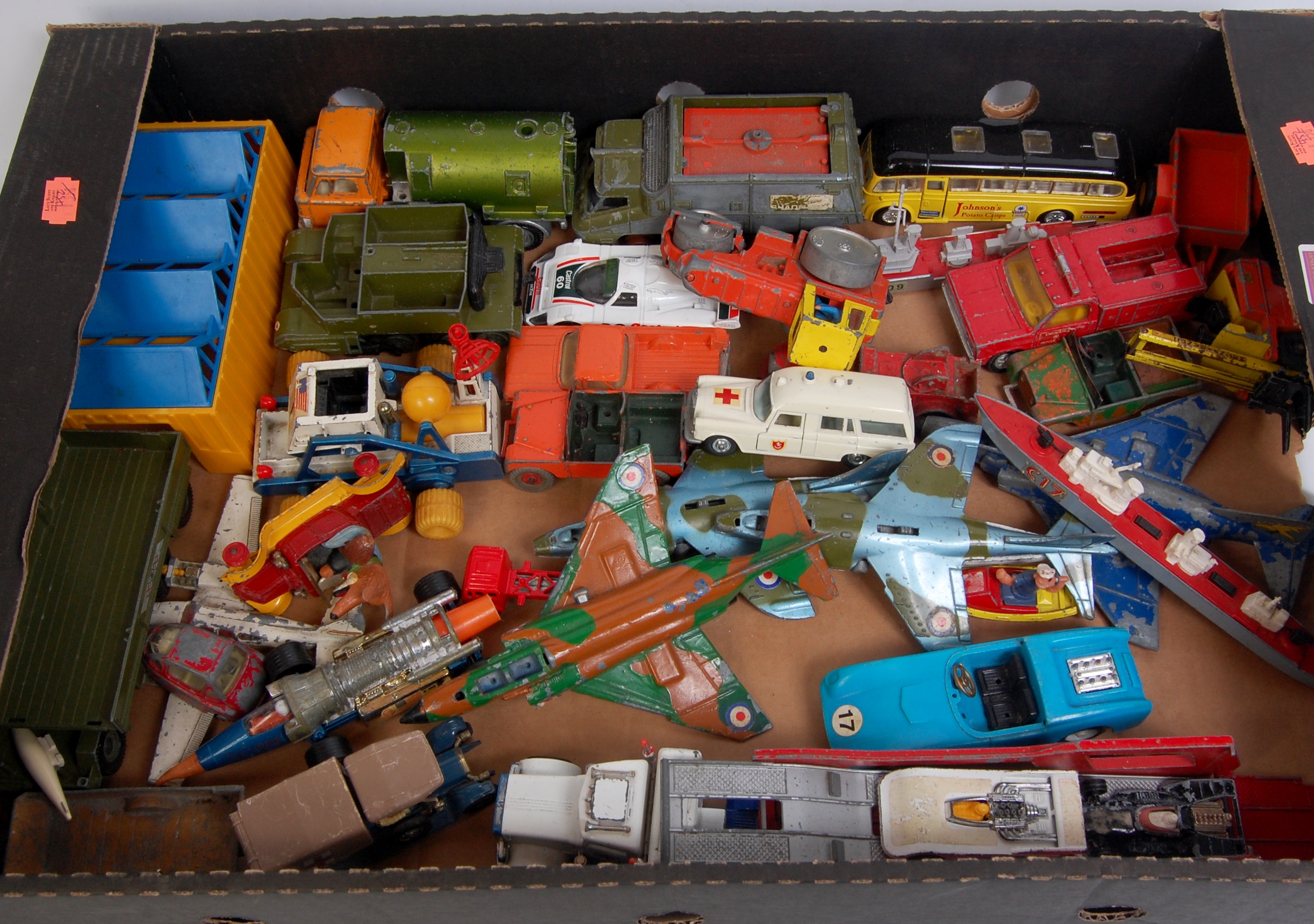 1 tray of mixed playworn and repainted diecast vehicles, to include Dinky Toys,