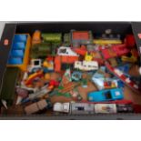 1 tray of mixed playworn and repainted diecast vehicles, to include Dinky Toys,