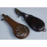 A 19th century leather shot flask of typical form, the brass nozzle with adjustable measure,