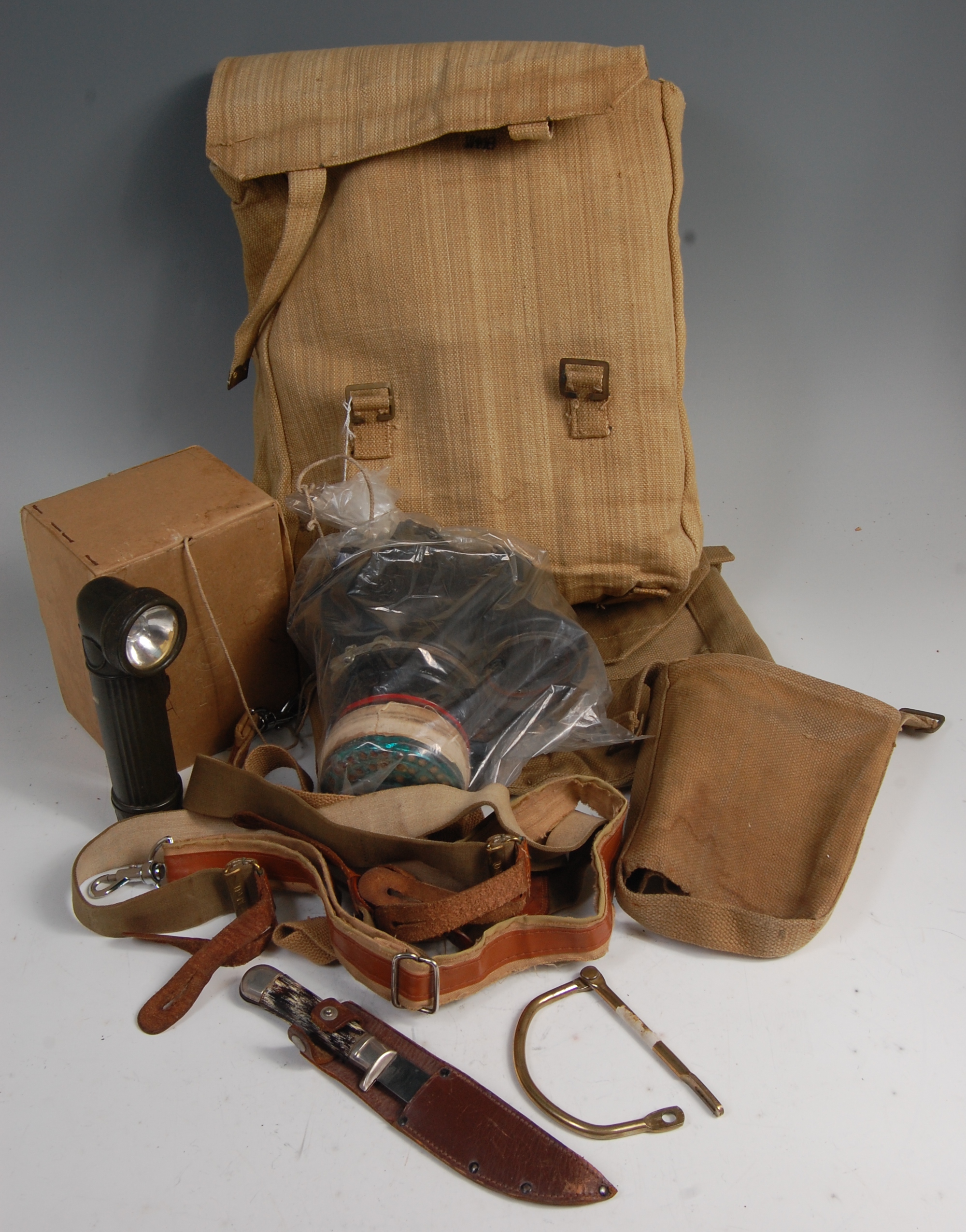 A WW II canvas gas mask bag stamped A.E.F.