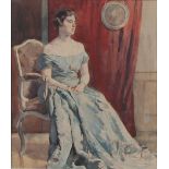 Circle of William Orpen - Full length portrait of a seated lady, watercolour with traces of pencil,